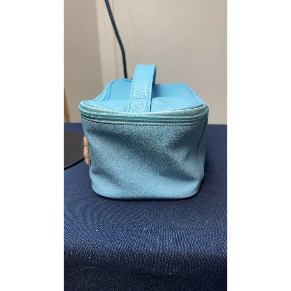 Blue STUFF Chenille Patch Cosmetic Bag Faux Leather Makeup Vanity Case